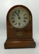 Oak Cased early 20th Century Mantle Clock: with presentation plaque, height 25cm