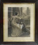 Herbert Dicksee etching Should Old Acquaintance be Forgot: Lady with collie and puppy seated in