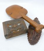 Polynesian Wooden items including: carved box, small paddle / implement & Mask, length of largest
