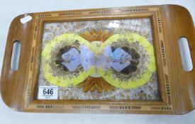 Antique Butterfly Wing paneled wooden framed Dressing Table Tray: length 35cm