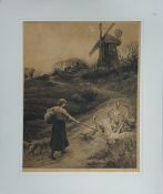 Herbert Dicksee etching THE MILL: Girl and Geese with Windmill in the background. Frost & Reed 1915,