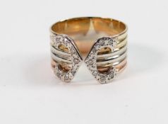 9ct 3 colour gold & diamond ring: Sizo O but slightly adjustable larger as not joined where points