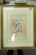 Watercolour of girls on a beach by D'efrey: Measures 22cm x 14cm excluding frame & mount.