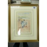 Watercolour of girls on a beach by D'efrey: Measures 22cm x 14cm excluding frame & mount.