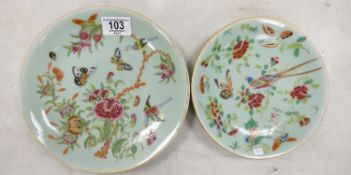 Two 19th Century Chinese Celadon Hand Decorated Plates: largest diameter 21.5cm(2)