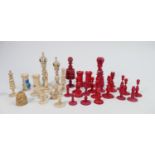 A large mixed bag of Carved & Turned Bone Chess pieces: height of tallest 9.5cm