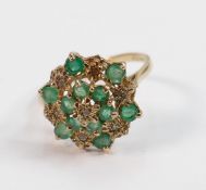 9ct gold hallmarked green & white stone cluster ring: Size Q, weight 3.3g.