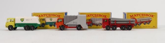 Three Matchbox Lesney boxed vehicles 7 10 & 25: Refuse truck & box both near mint, pipe truck with 7