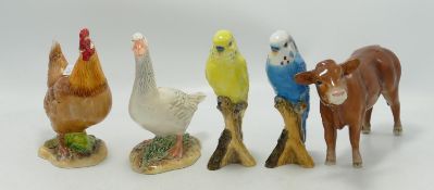 John Beswick Ceramic Animals to include: Blue & Yellow Budgies, Goose, Cockerel etc (5)