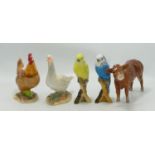 John Beswick Ceramic Animals to include: Blue & Yellow Budgies, Goose, Cockerel etc (5)