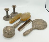 Ornate Silver ladies dressing table set: comprising mirror, brushes, comb etc