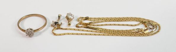 18ct gold neck chain with 9ct diamond ring and 2 pendants: 18ct gold chain marked .750 weight 3.7g