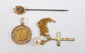 Selection of gold jewellery: Includes Chester hallmarked 9ct stick / stock pin set diamond with base