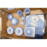 A collection of Wedgwood Blue Jasperware to include: boxed oval tray & plate, silver cameo necklace,