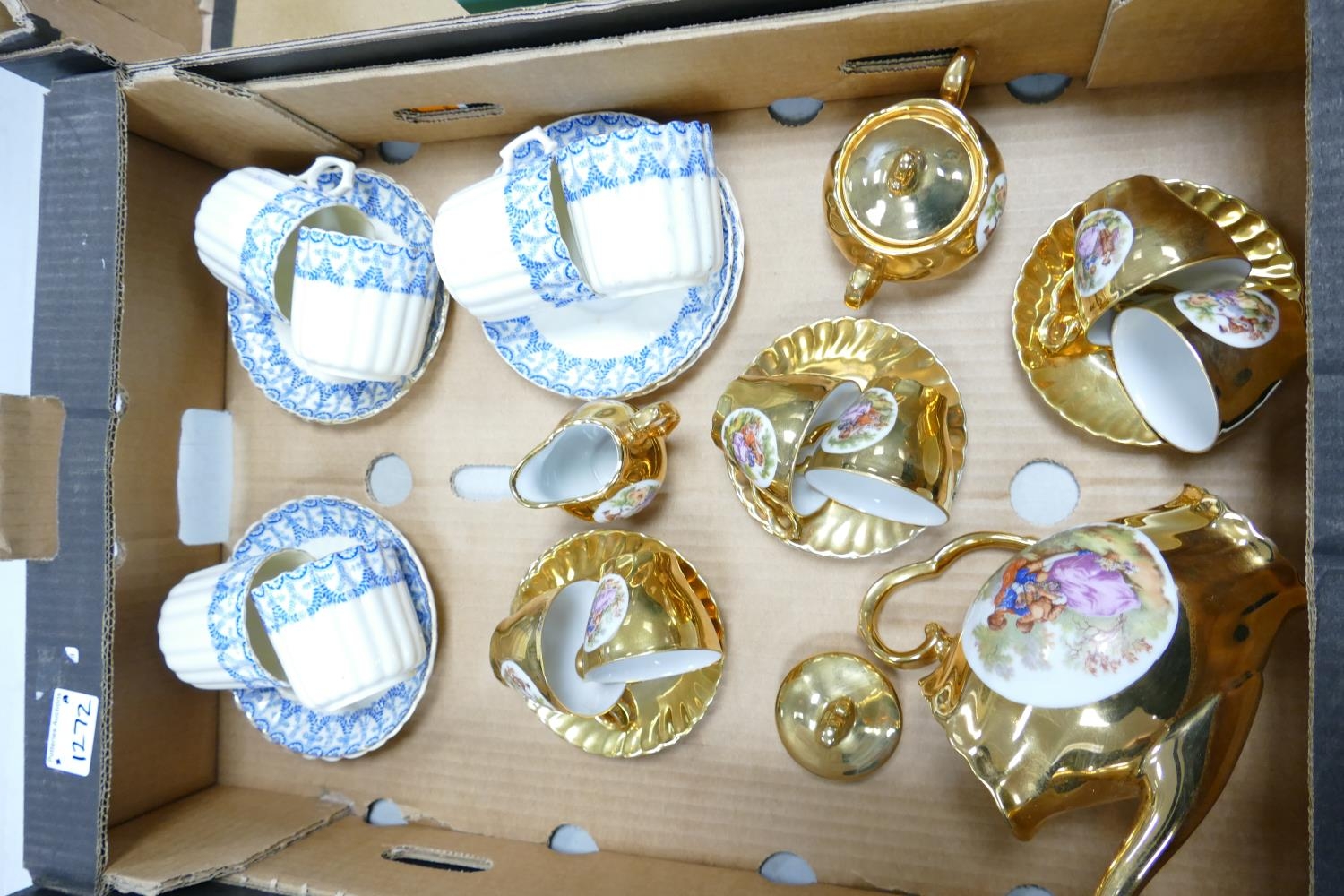 A mixed collection of items to include: Gilt Effected Panelled Coffee set, Victorian blue & white