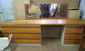 BCM branded 6 drawer mid century teak dressing table: with wall hanging vanity mirror, 224cm W x