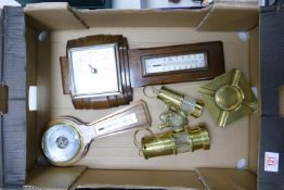 A mixed collection of items to include: small Brass Miners Safety Lamps, Oak framed Barometers etc