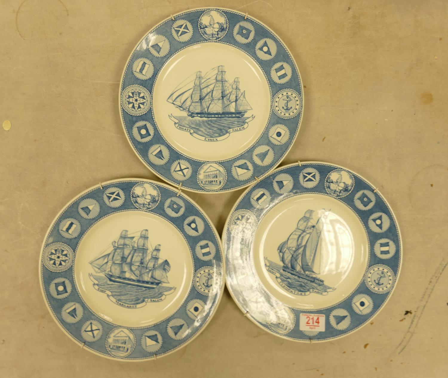 Three Wedgwood Blue & White Sailing Ships Theme Wall Plates: