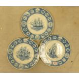 Three Wedgwood Blue & White Sailing Ships Theme Wall Plates: