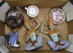 A collection of 4 Oriental figures (1 a/f) and ceramic cups and saucers etc