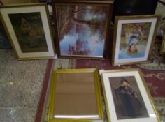 A group of framed prints: together with an empty frame and an oil on canvas (5).