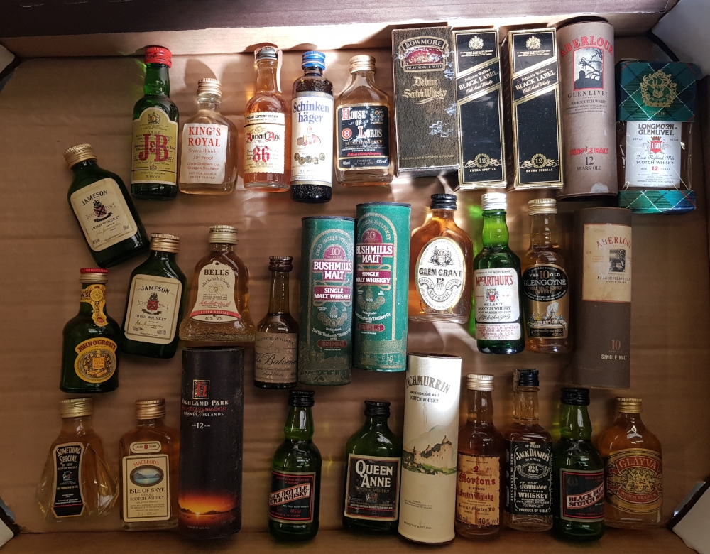 A collection of Whisky/Whiskey miniatures: including Kings Royal, Queen Anne, Longmorn Glenlivet etc