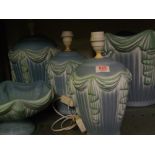 Three Art Deco style ceramic lamp bases: together with matching bowl and planter.