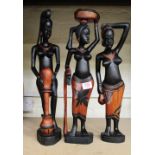 A group of 3 large African hardwood hand carved figures of tribal ladies: 53cm in height.