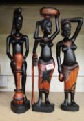 A group of 3 large African hardwood hand carved figures of tribal ladies: 53cm in height.