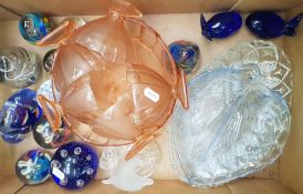 A collection of glass ware items: paperweights, art deco sundae glasses etc (1 tray).