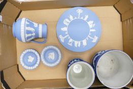 A collection of Blue Wedgwood & Dip Blue Wedgwood Jasperware including planters, Vase, Water jug etc