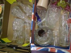 A mixed collection of items to include; crystal cut decanters aperitif glass boxes, glass bells,