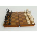 19th Century Turned & Coloured Bone Travel Chess Set: height of king 4.2cm