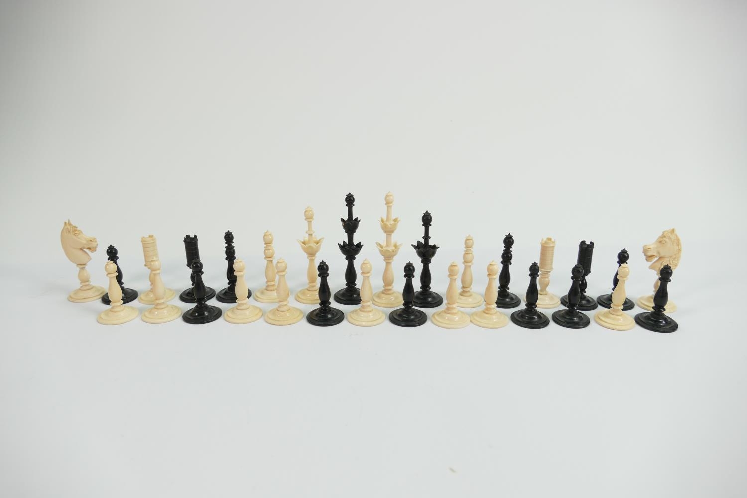 Finely Carved Ivory Part Chess Set: two black knights missing, damaged Black King & Queen, height of - Image 2 of 3