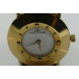 Jaeger le Coultre 14ct gold vintage wristwatch: Gents/ladies dial diameter 3cm with leather strap.