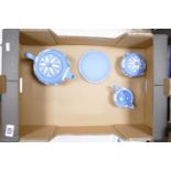 A collection of Blue Wedgwood Jasperware to include:tea service & stand