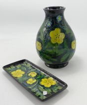 Moorcroft Buttercup Patterned Vase & Pin tray: chipped upper rim to vase, height of vase 19cm(2)