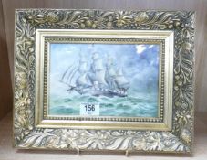 Hand Decorated Framed Nautical Tile: signed Julia Michael, 25cm x 33cm