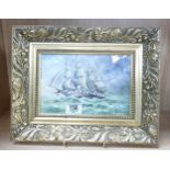 Hand Decorated Framed Nautical Tile: signed Julia Michael, 25cm x 33cm