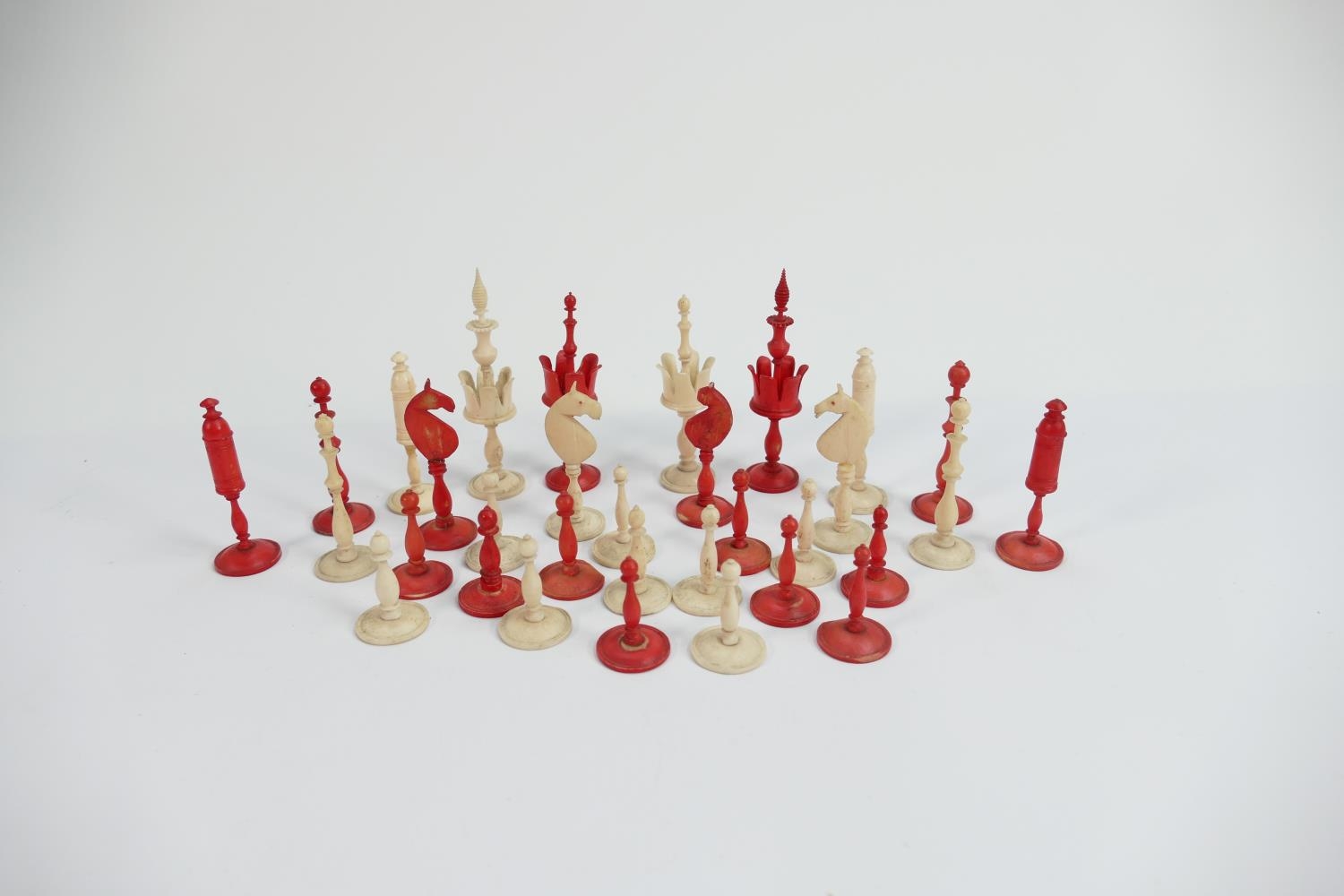 19th Century Finely Carved & Turned Bone Chess Set: damage noted to red knight & white rook, - Image 5 of 5