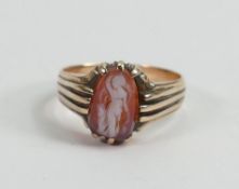 9ct gold cameo set ring size Q: Weight 4.6g, one short claw, not hallmarked, but tests as 9ct or