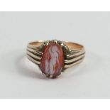 9ct gold cameo set ring size Q: Weight 4.6g, one short claw, not hallmarked, but tests as 9ct or