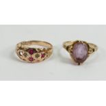 Two 9ct gold rings set amethyst and red stones: Single amethyst ring and 9ct gold dress ring set red