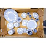 A collection of Wedgwood Blue Jasperware to include: comport, plates jugs vases etc