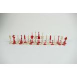 19th Century Finely Carved & Turned Bone Chess Set: damage noted to red knight & white rook,