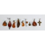 7 x sterling silver & faux amber pendants and brooch: