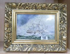 Hand Decorated Framed Nautical Tile: signed Julia Michael, 25cm x 33cm