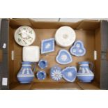 A collection of Wedgwood Jasperware including Jugs, lidded Boxes, Pin Trays together with Queensware