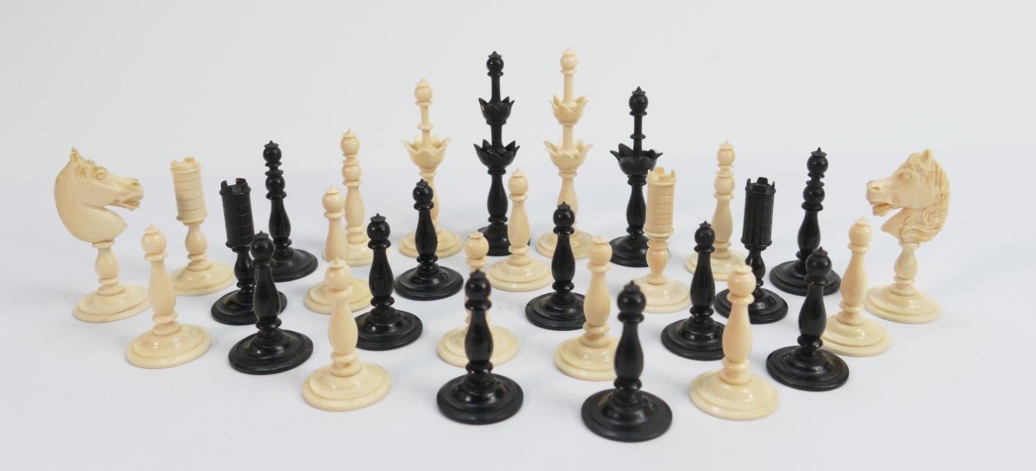 Finely Carved Ivory Part Chess Set: two black knights missing, damaged Black King & Queen, height of