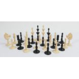 Finely Carved Ivory Part Chess Set: two black knights missing, damaged Black King & Queen, height of